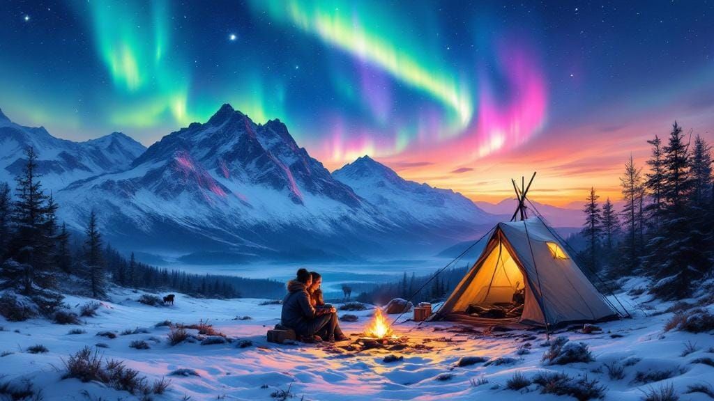 Camping Under Aurora: Detailed Oil Painting