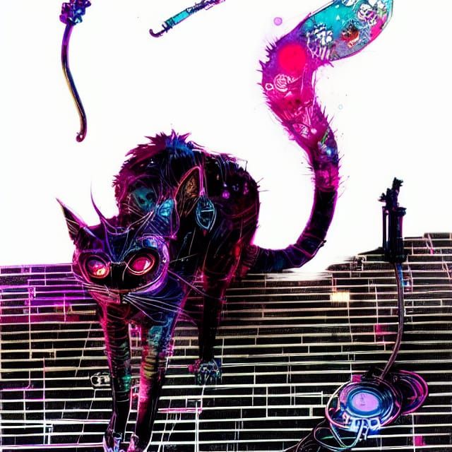 Cyberpunk Cat in Psychedelic Pointillist Style