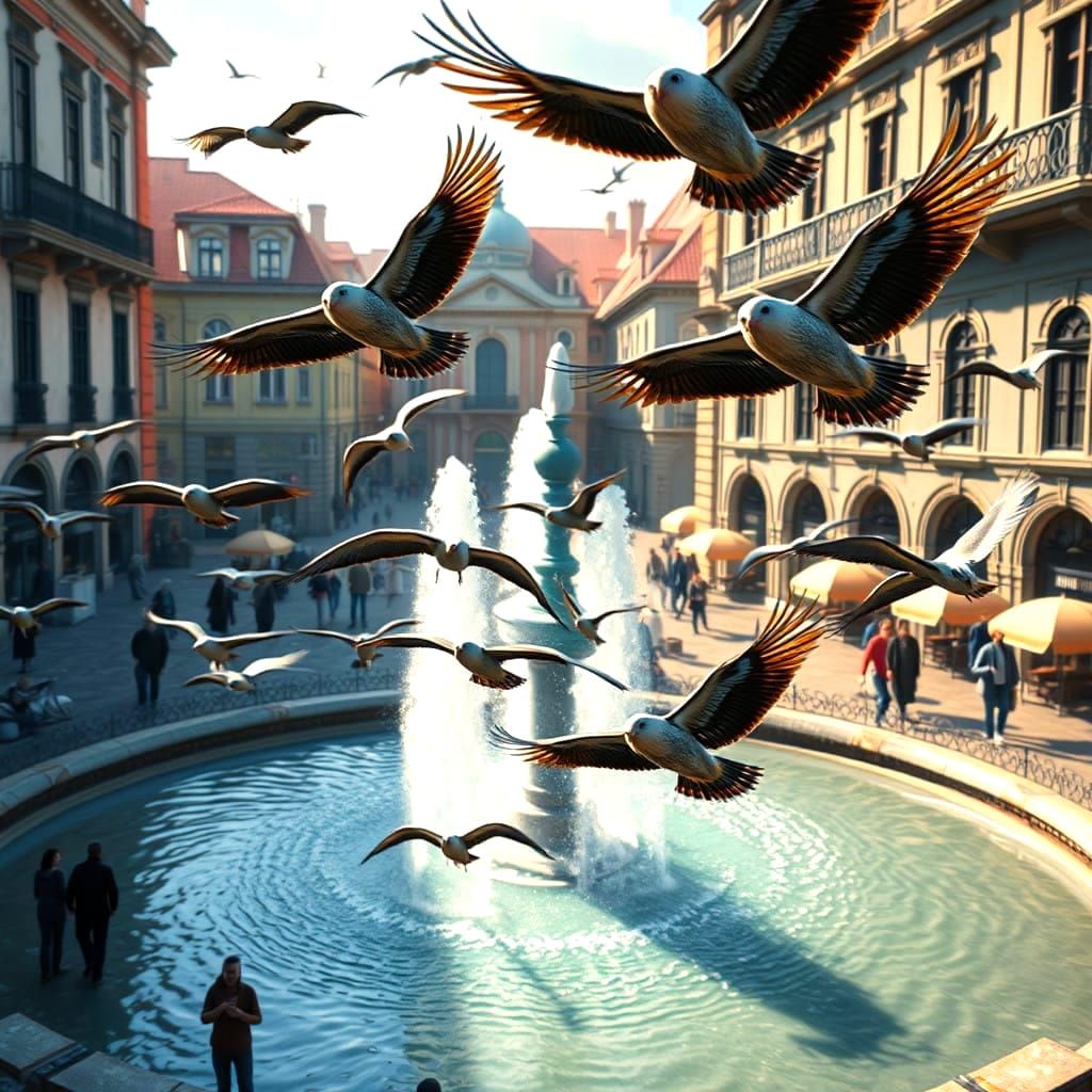 Surreal Birds Soar Above Vintage Fountain Square