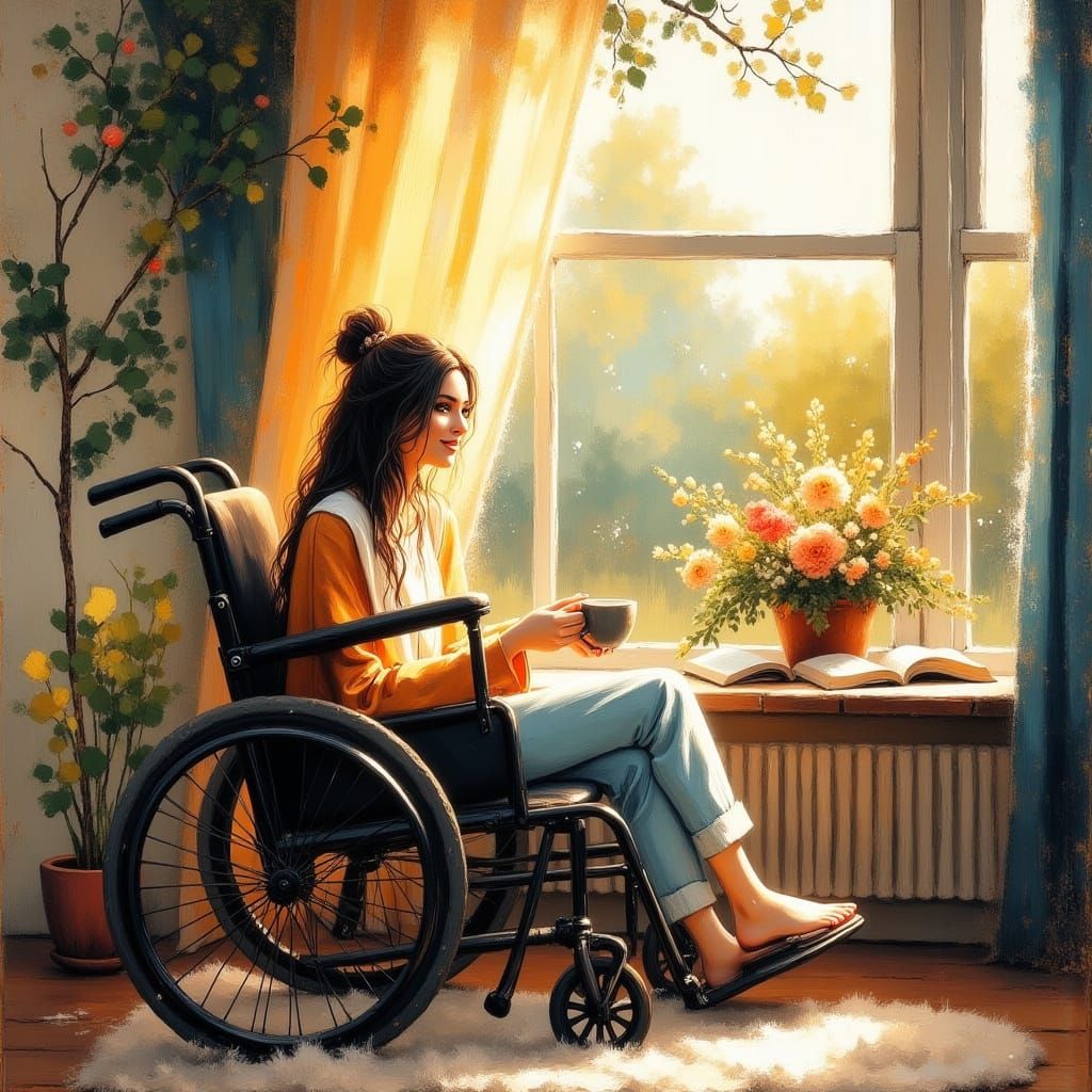 Cozy Morning Scene with a Young Woman in a Wheelchair