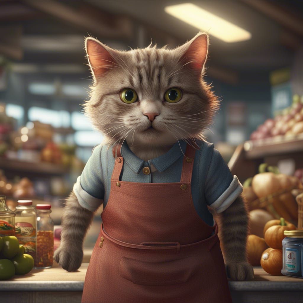 Beatrix potter cat wearing an apron working in a super market