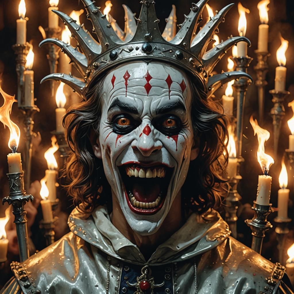 Silver crown for a (jester:1.3) of evil laughter-daggers+torches+licking (fatal:1.5). intricately detailed volumetric li...