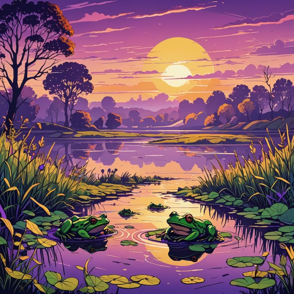 Pop Art Landscape with Frogs and Fauna