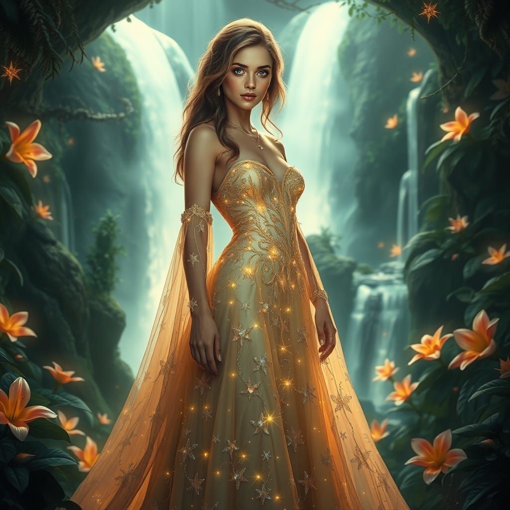 Woman in Starlight Gown in Bioluminescent Grotto