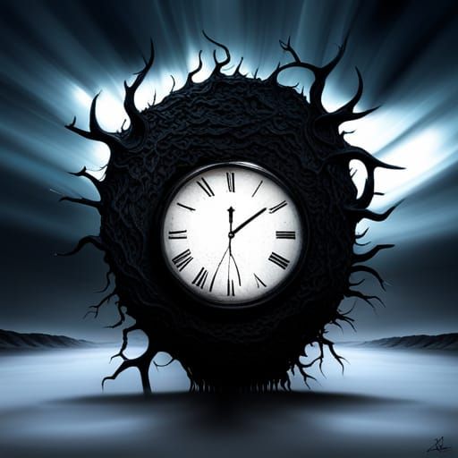 Surreal Clock AI Art Horror Art Dark Art Dark Surrealism splash art time goes by centeries