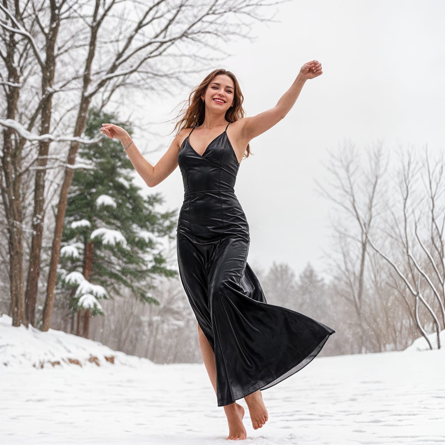Woman Dancing Barefoot in Snow, Black Leather Dress