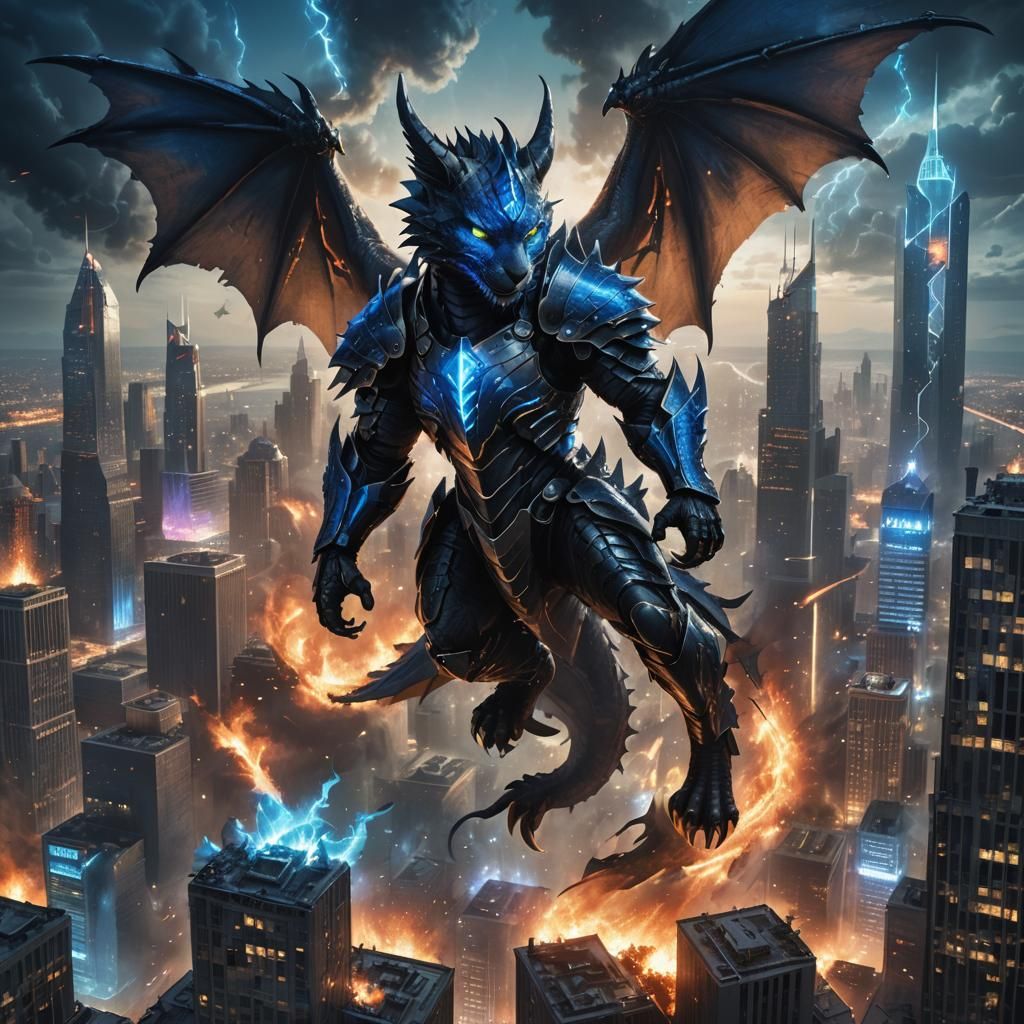 Futuristic Dragon Knight Cat in Cyberpunk Style