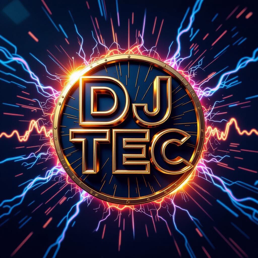 Dj Tec Logo with Gold Outline, Sound Waves, and Electric Eff...