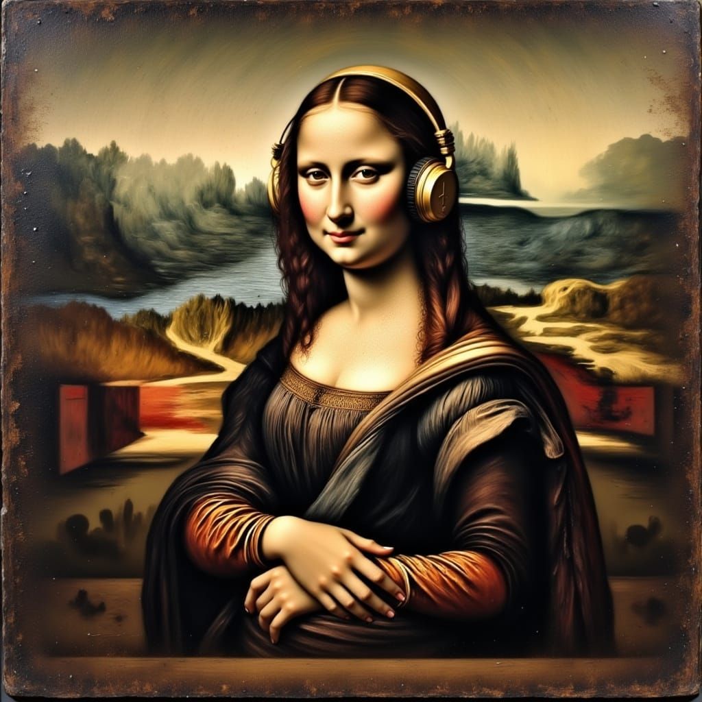 Mona Lisa with Headphones in Abstract Style