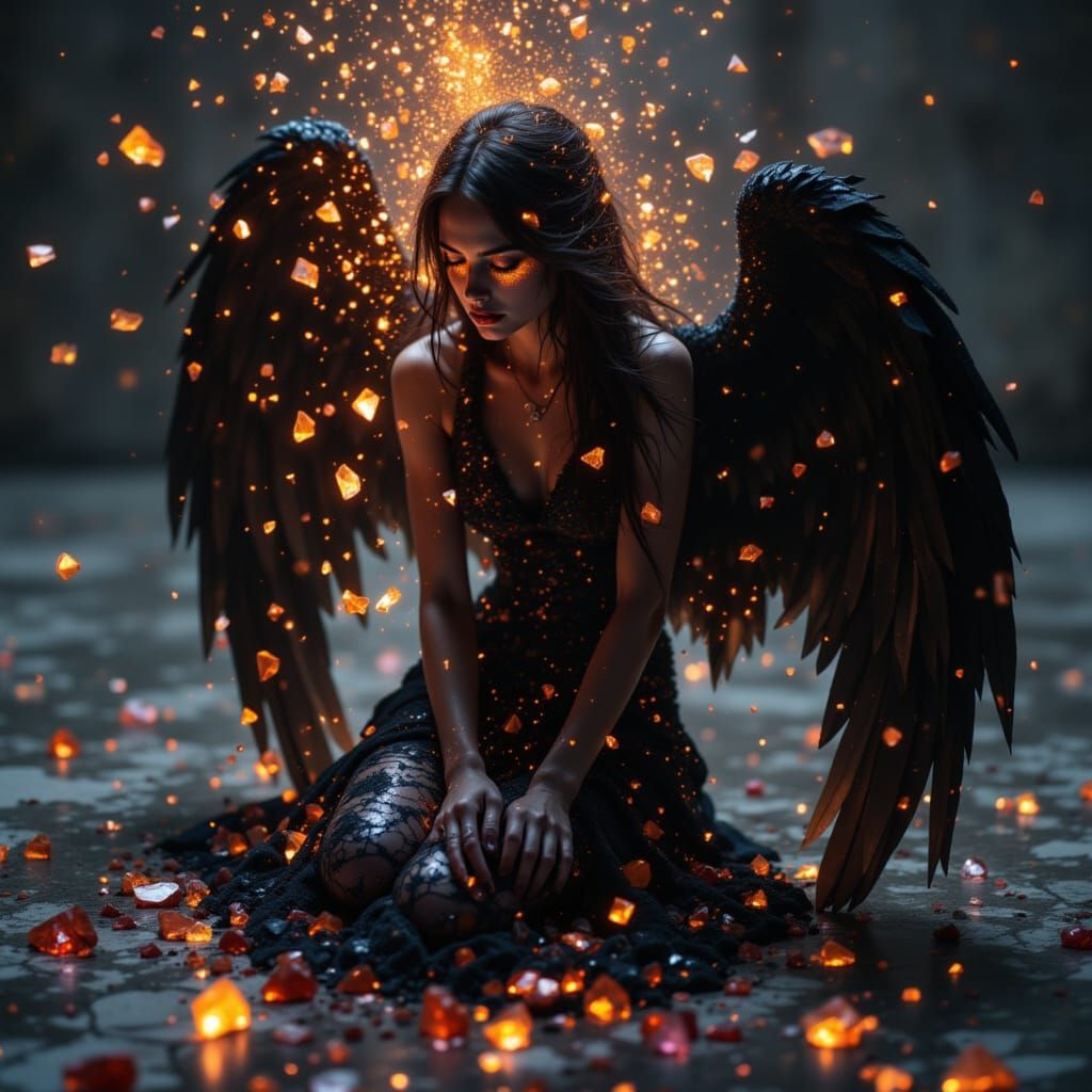 Fallen Angel with Obsidian Wings on Cracked Marble
