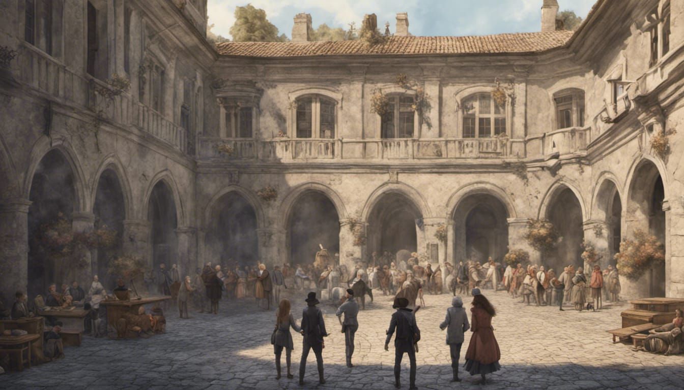 Fantasy People Gather in Old Castle Square