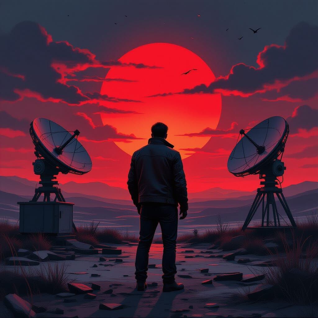 Silent Observatory Under Ominous Sunset: Gritty Sci-Fi Art