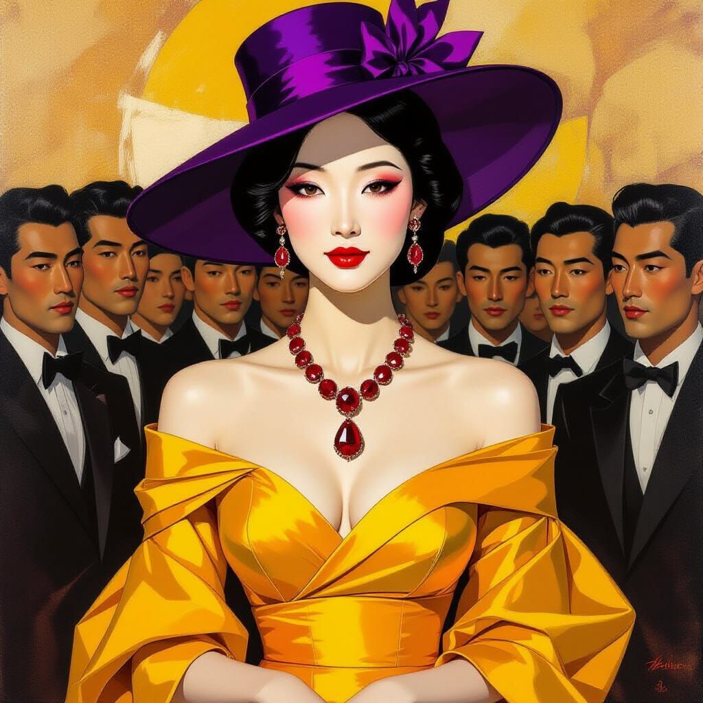 Baroque Expressionist Portrait of Elegant Woman in Yellow Dr...