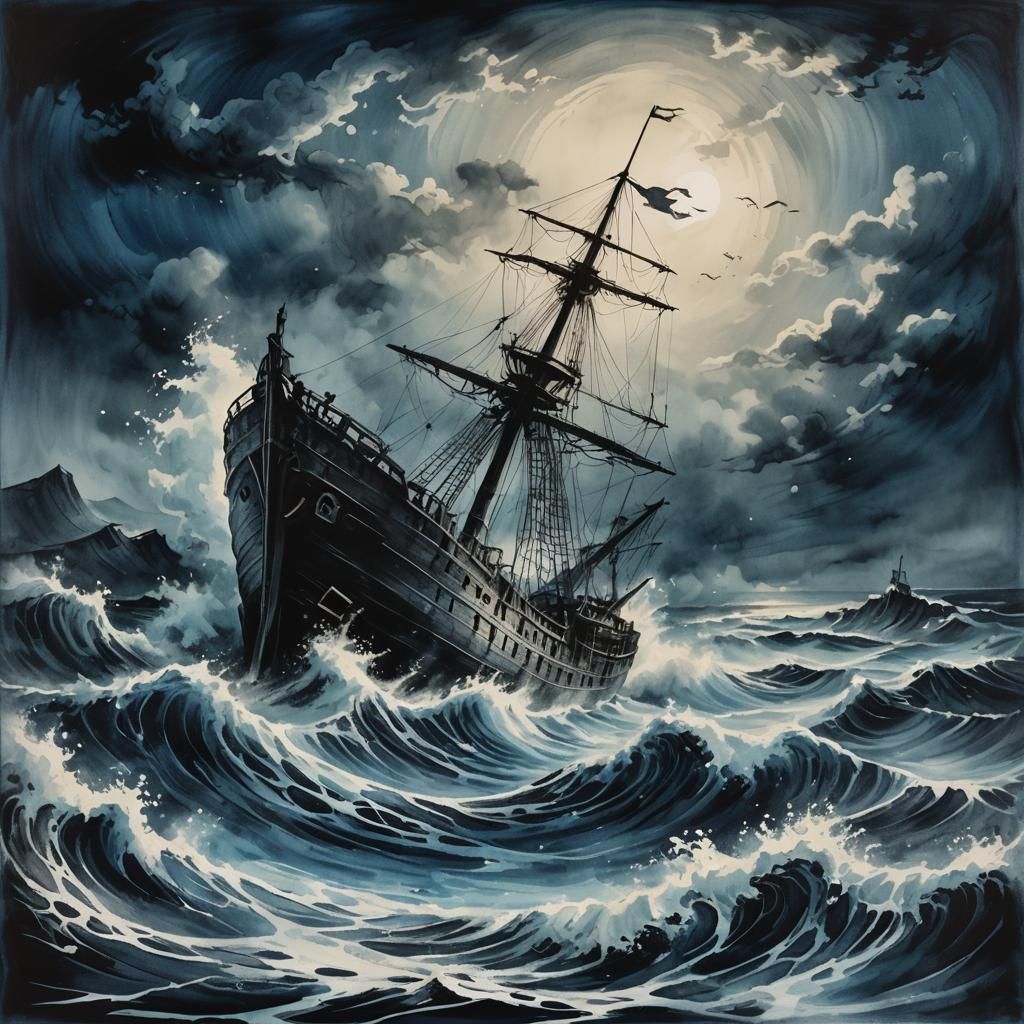 Ghostly Shipwreck in Modern European Ink Painting