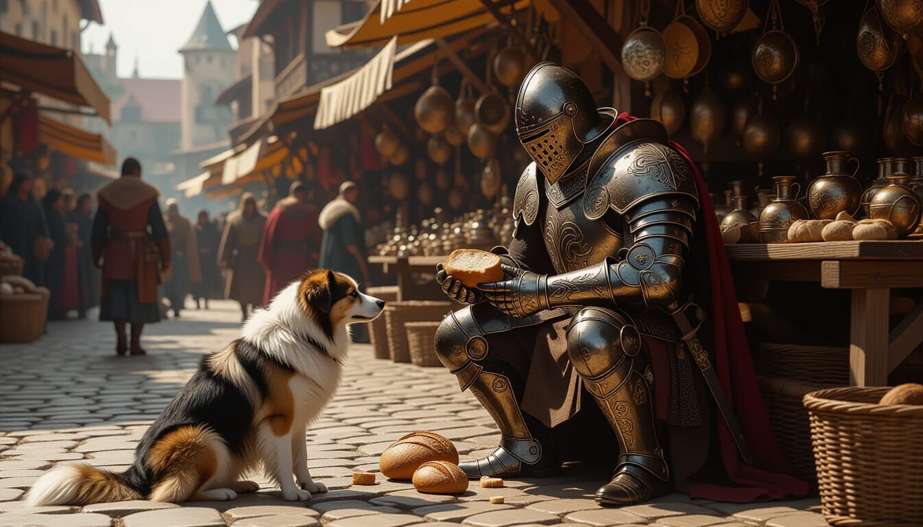 Knight Shares Bread with Stray Dog in Medieval Market
