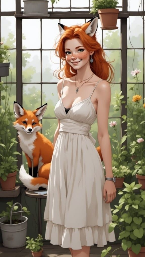 Fox-girl Vixen with Jim the fox spirit, visiting Wonka's greenhouse.