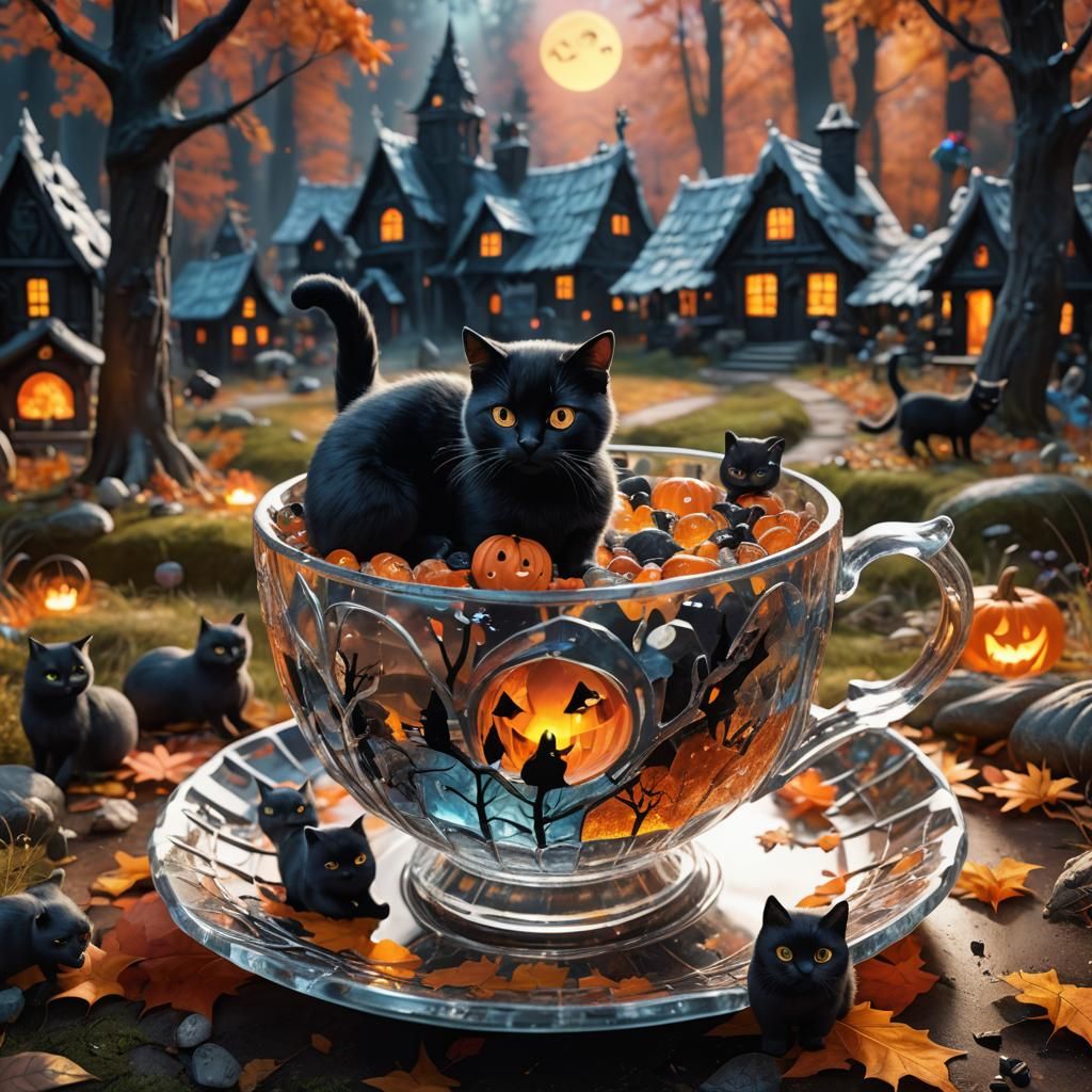 Halloween Village Inside Crystal Teacup in 3D