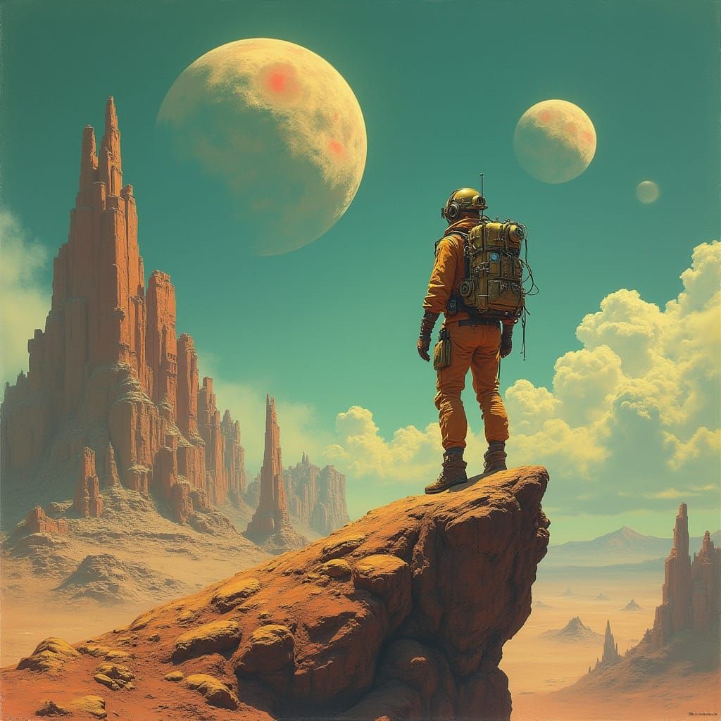 Steampunk Explorer on Alien Planet in Matte Painting Style