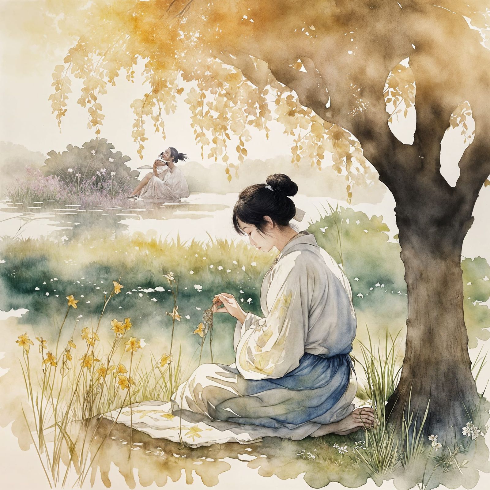 Japanese Lady Basks in Dawn Serenity