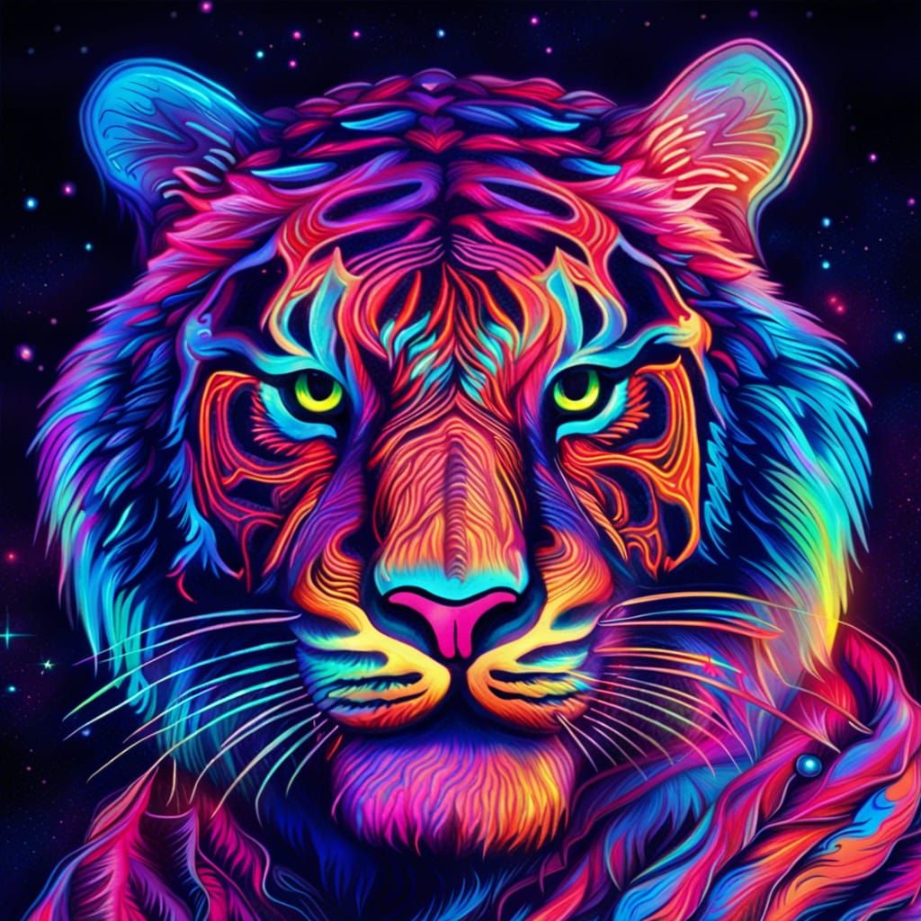 Neon Tiger in Holographic Astral Cosmic Illustration
