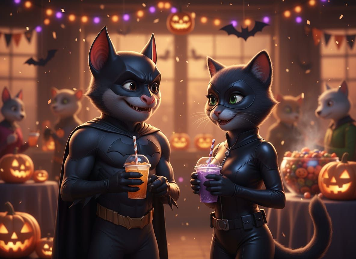 Bat and Cat Celebrate Halloween in Costume