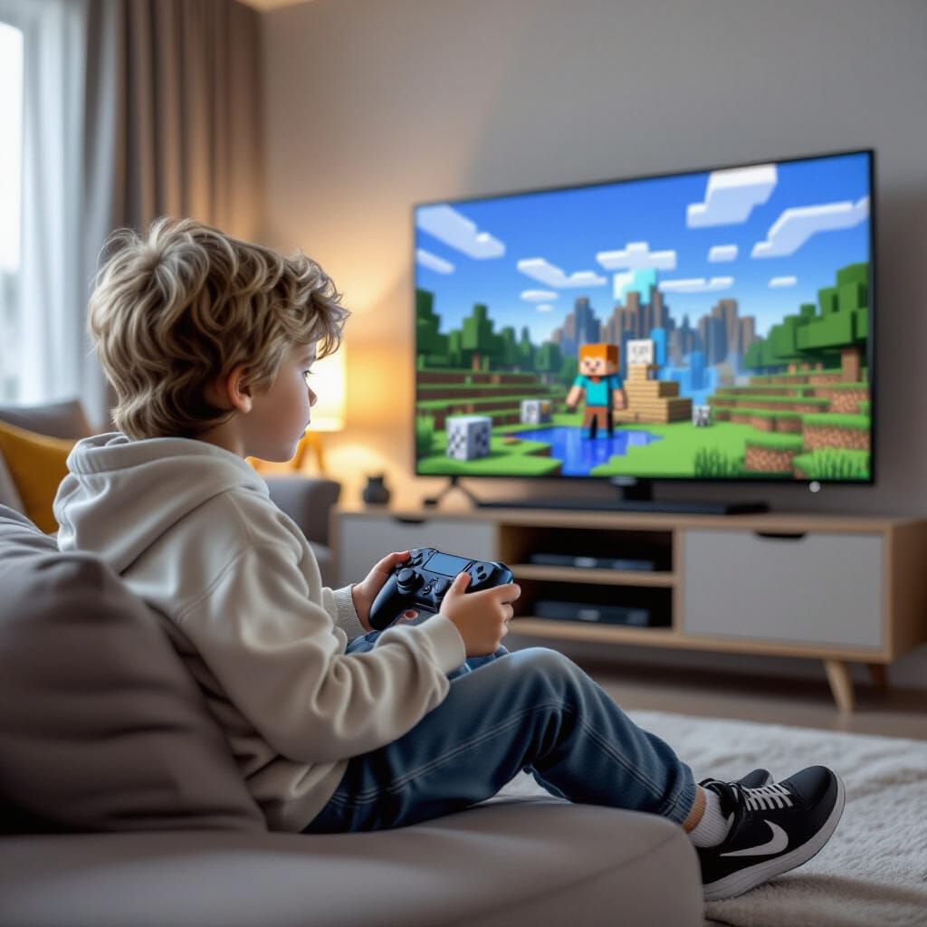 Boy Plays Minecraft in Modern Living Room