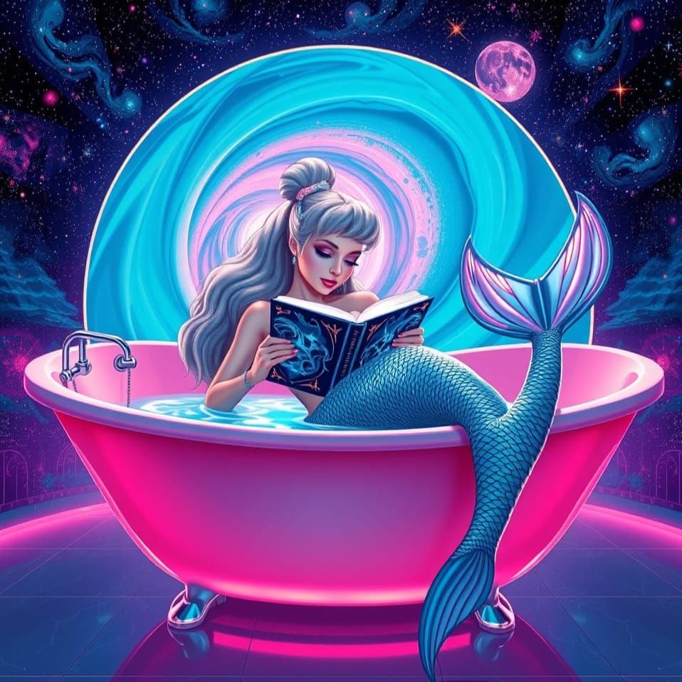 Glamorous Space Mermaid Reads in Neon-Lit Tub, Cyberpunk Pop...