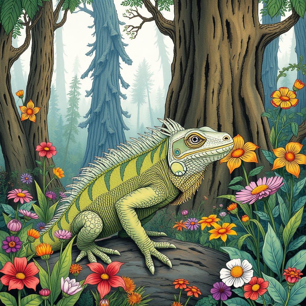 Iguana in Whimsical Forest Illustration