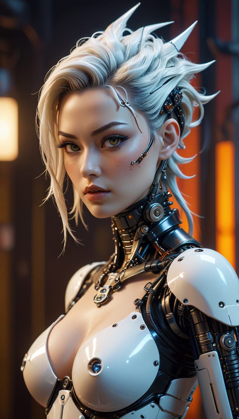 Frightening Japanese Gynoid Cyborg in Gothic Pinup Pose