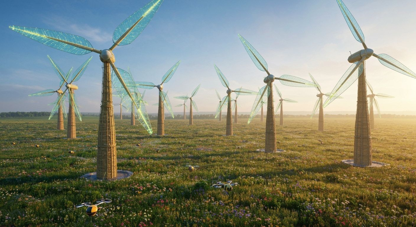 Bamboo Wind Turbines on Plains in Golden Hour