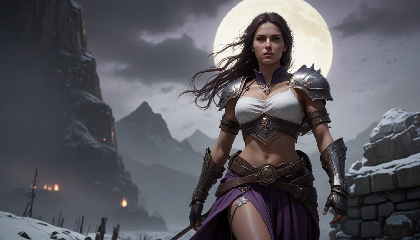 Warrior Woman in Grim Dark Fantasy Landscape