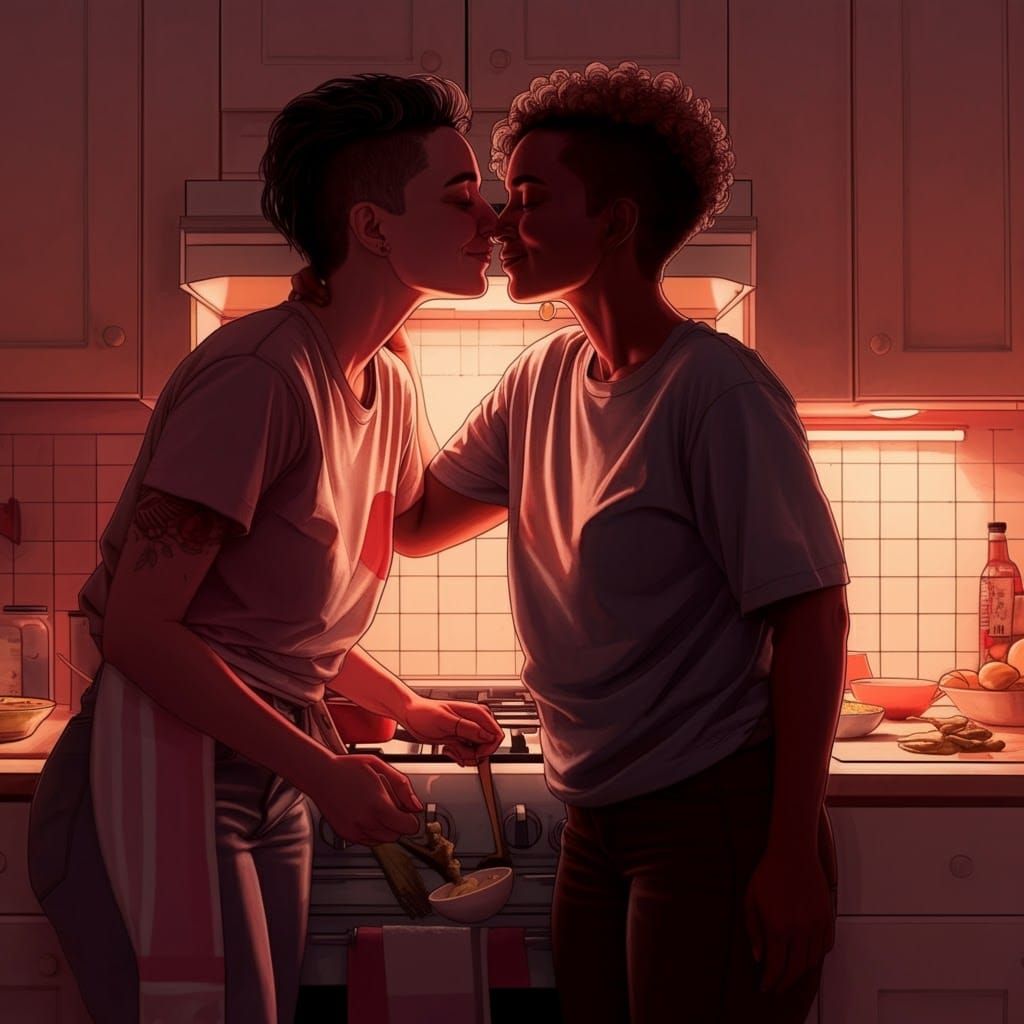 Lesbian Couple Cooking Dinner: Impressionistic Kitchen Scene