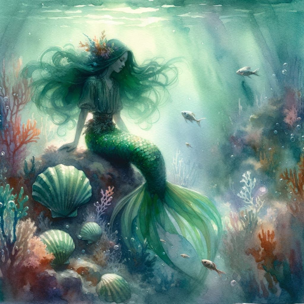 Melancholic Mermaid in Underwater Watercolor Scene