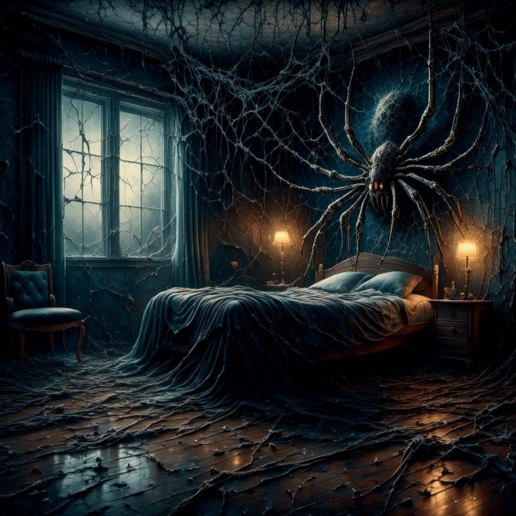 Ominous Giant Spider Crawls in Surreal Bedroom