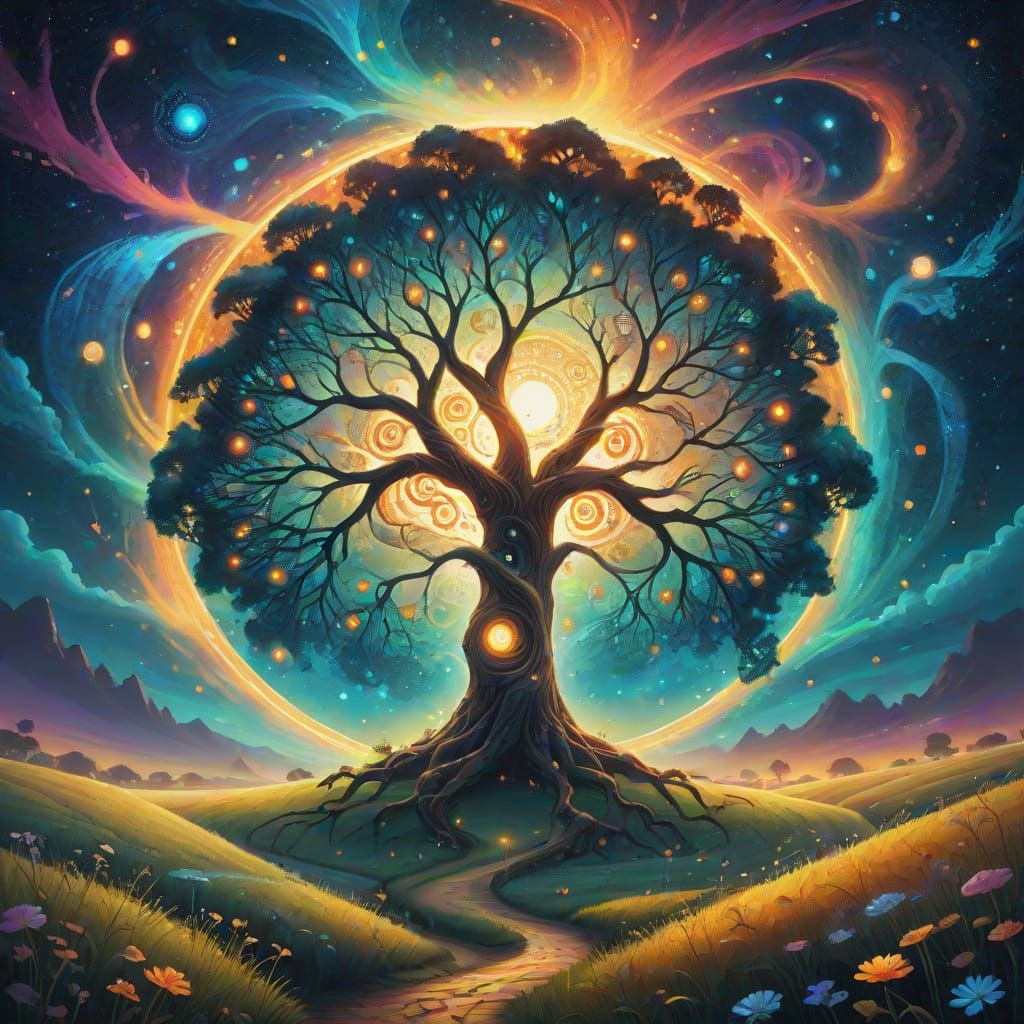 Surreal Cosmic Tree of Life at Sunset Crossroads