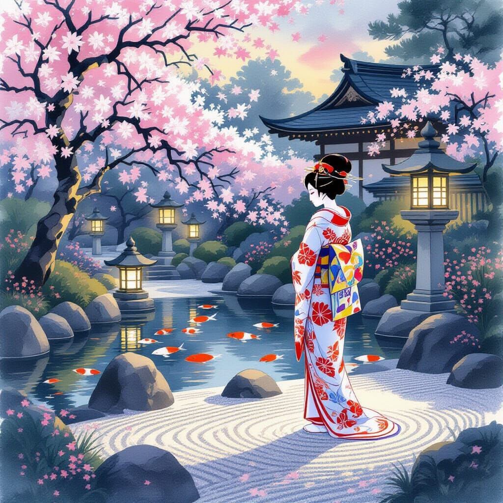 Elegant Geisha in Japanese Garden at Dusk