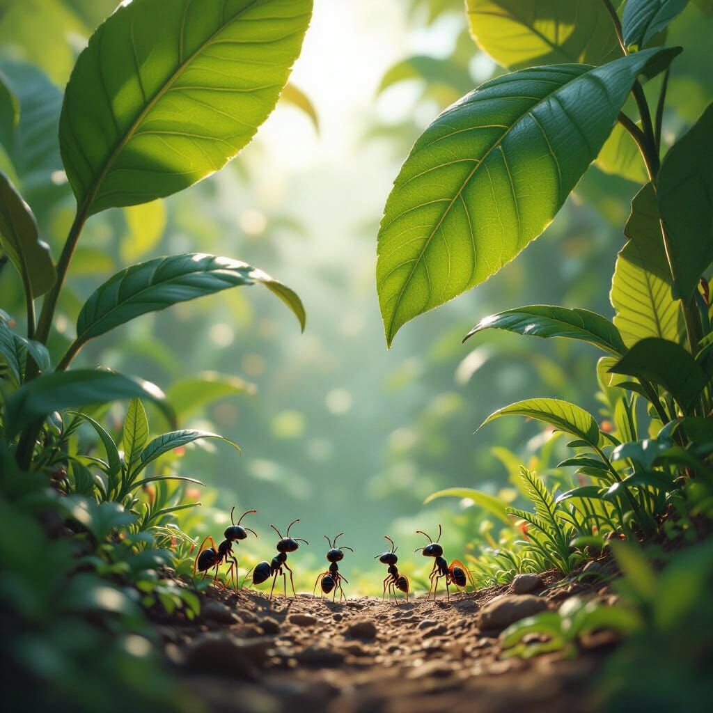 Ant-Eye View of a Vibrant Garden in Detailed Matte Style