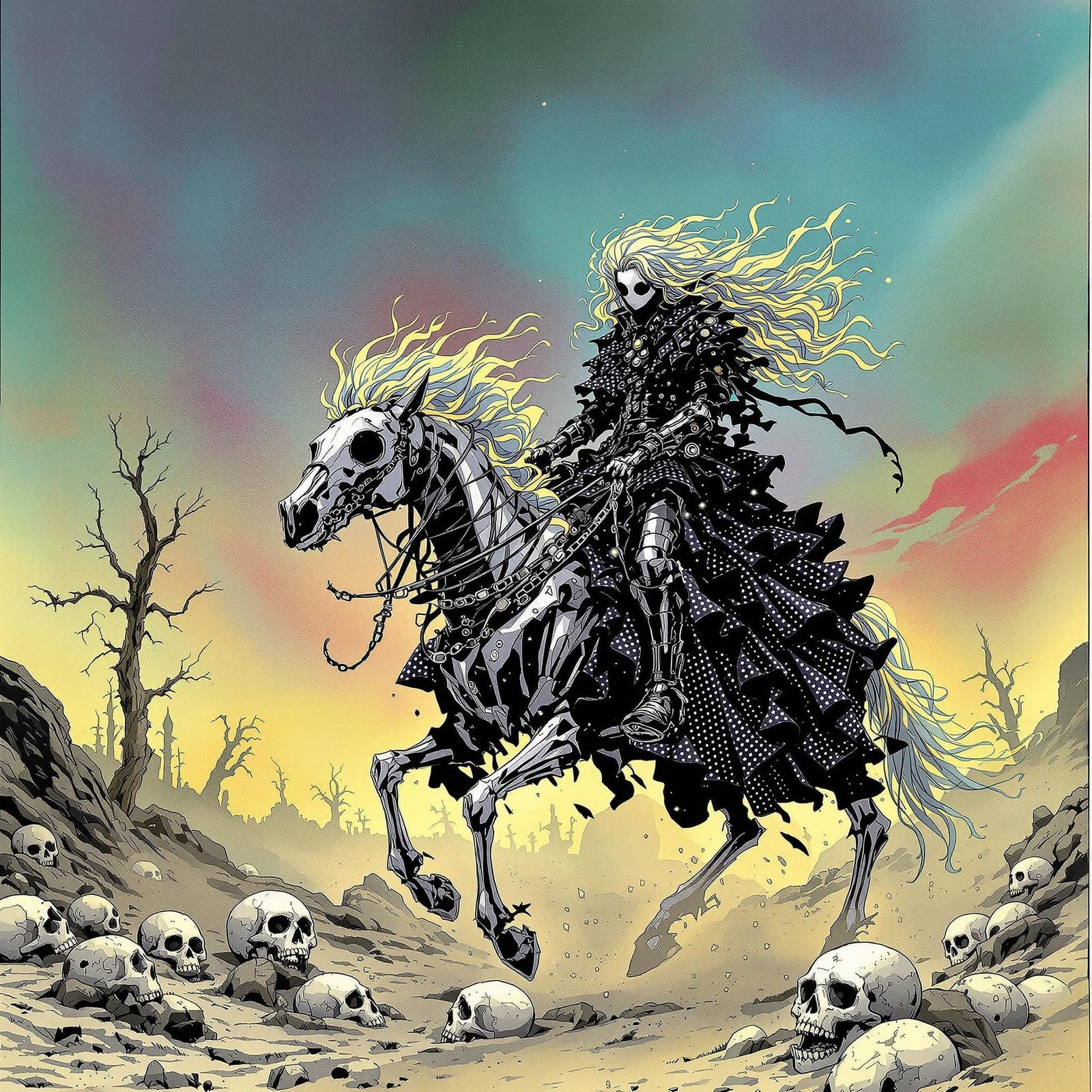 Goth Punk Knight Rides Skeletal Horse in Wasteland