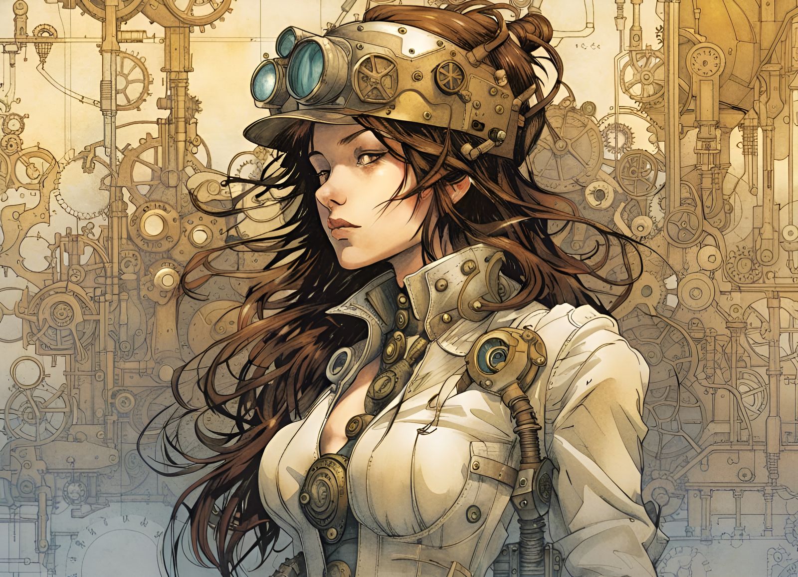 Steampunk Woman in Mechanical Schematic Setting