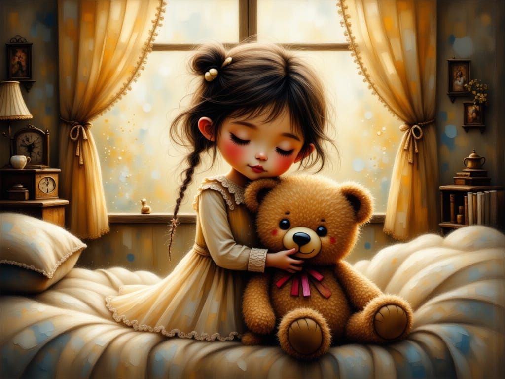 Young Girl and Teddy Bear in Cozy Bedroom