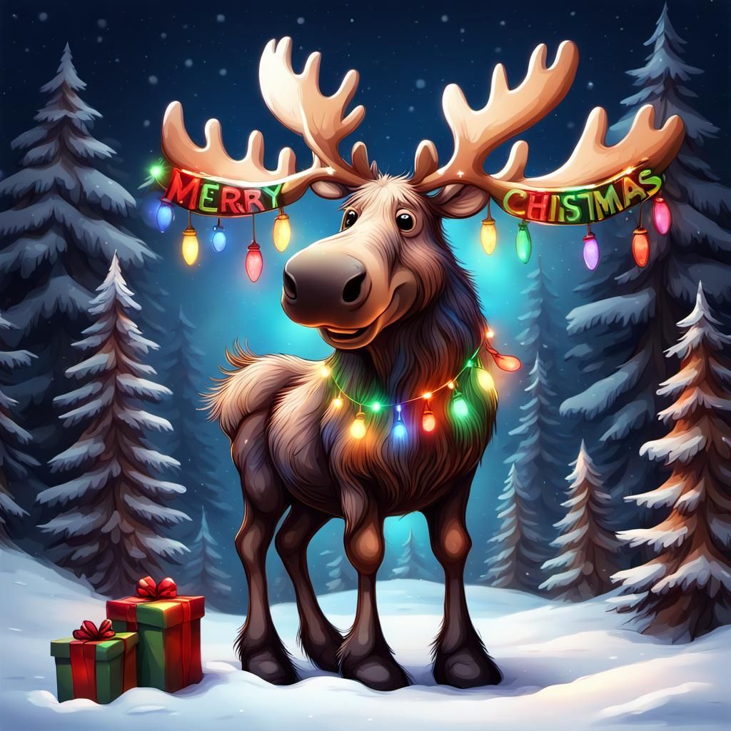 Festive Moose with Christmas Lights in Snowy Forest