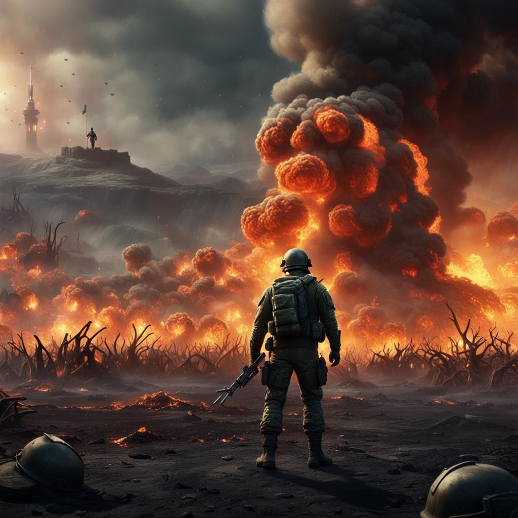 Lone Soldier on Burning Battlefield in Matte Painting Style