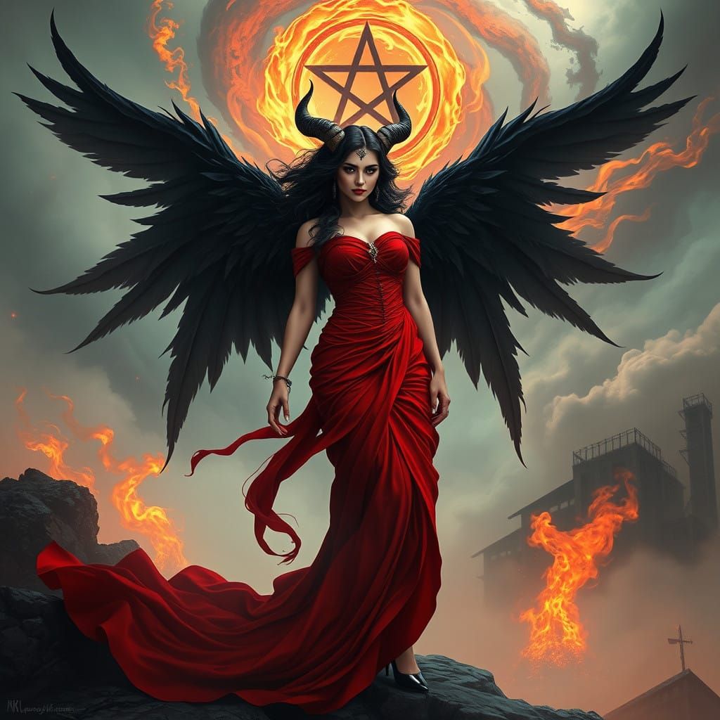 Majestic Dark Fantasy Goddess with Black Wings and Horns