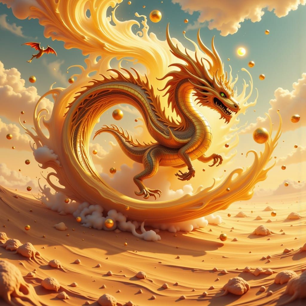 Golden Sand Dragon Surfing a Dune in Anime Style
