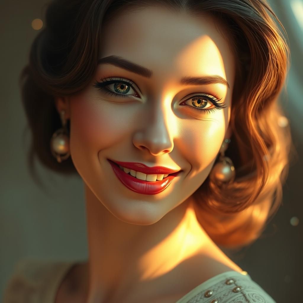 Elegant Woman with Enigmatic Smile in Dreamlike Digital Art