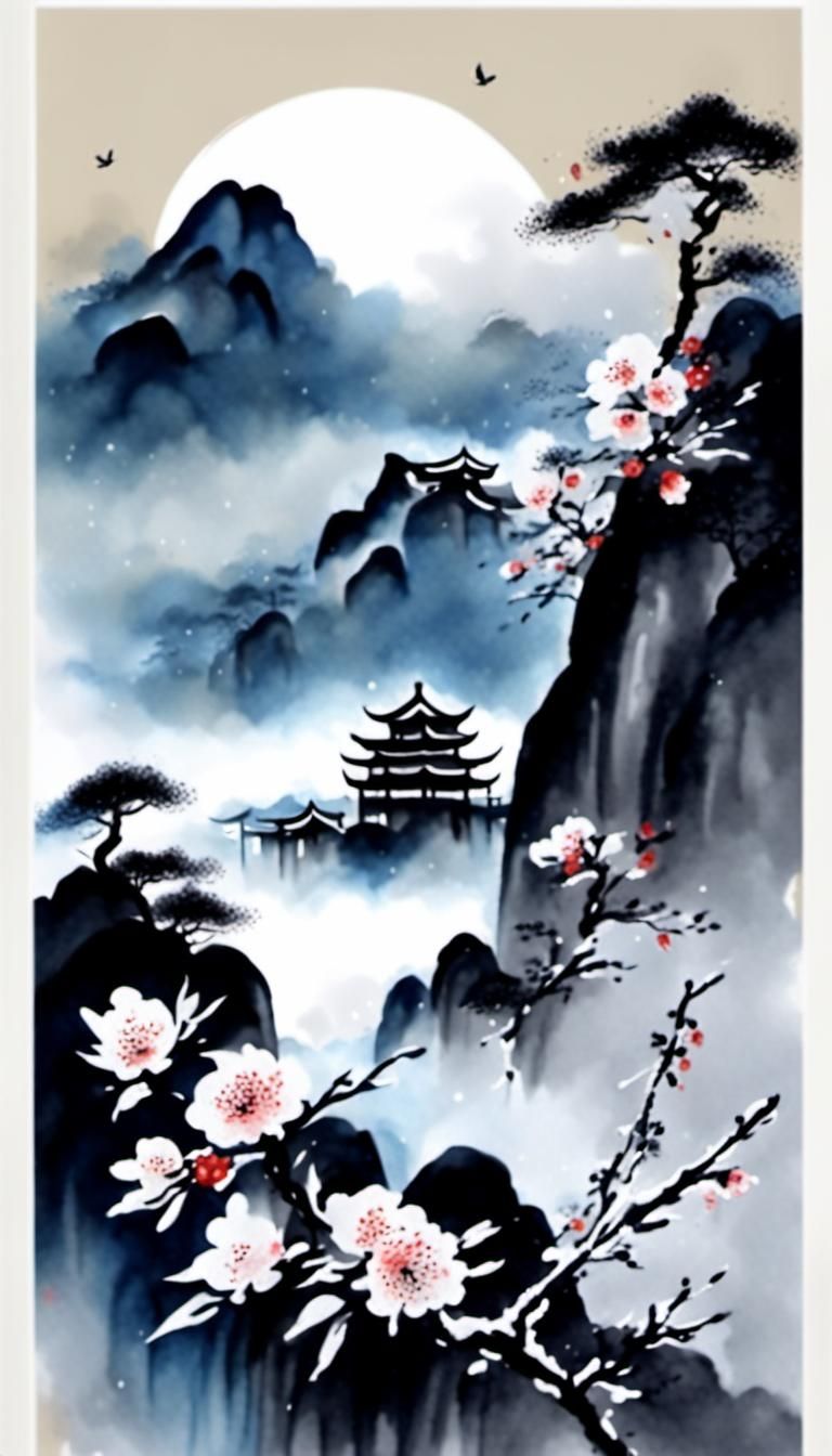 Chinese Ink Painting: Wind, Flowers, Snow, Night