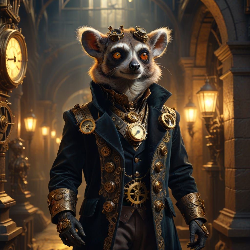 Steampunk Lemur in Clockwork City: A Baroque Collage