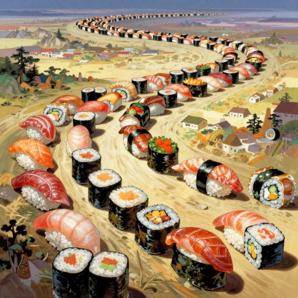 Epic Sushi Army Marches in Fantasy Landscape