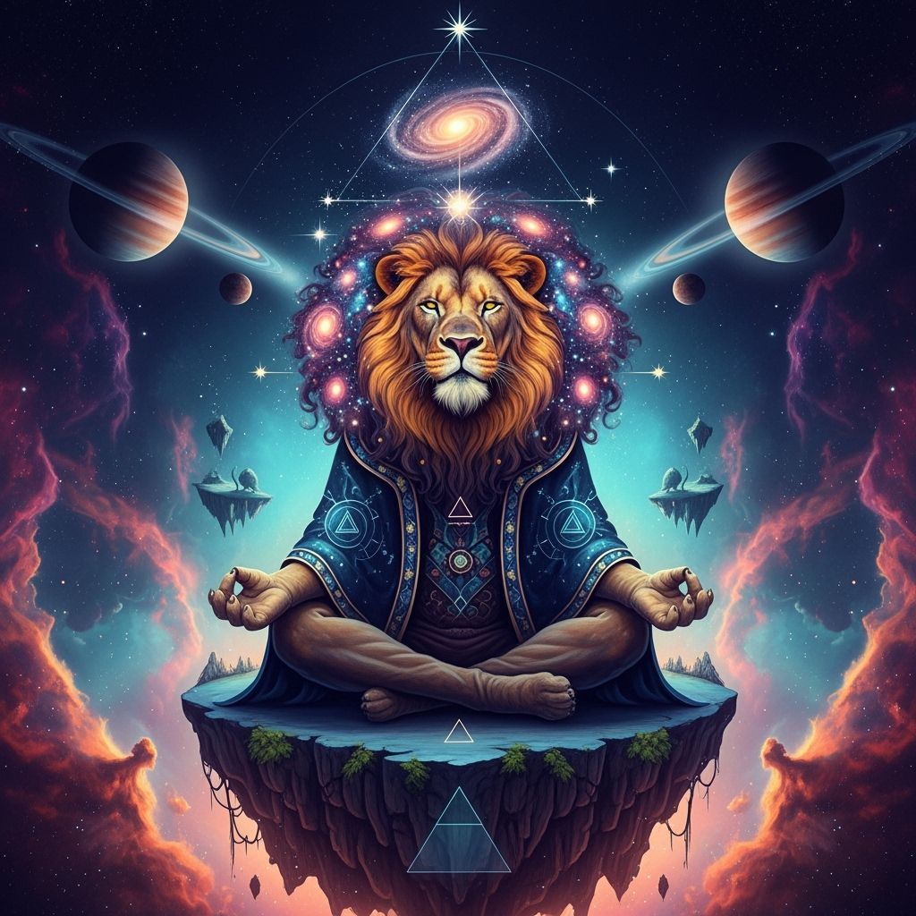 Cosmic Lion Meditating on Floating Island