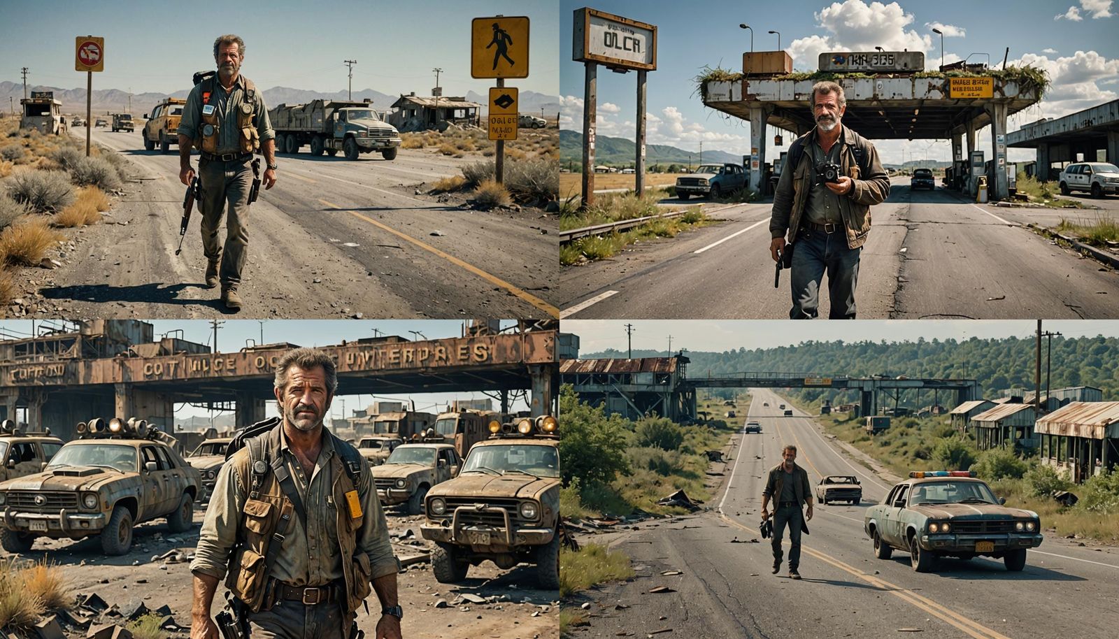 Post-Apocalyptic Highway Scene with Mel Gibson Character